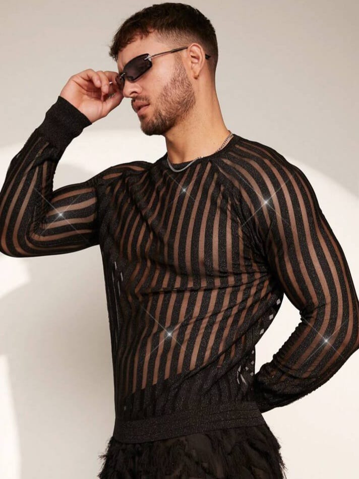 BONGA-BOYS Men's Striped Sexy crew Neck Long sleeve TShirt